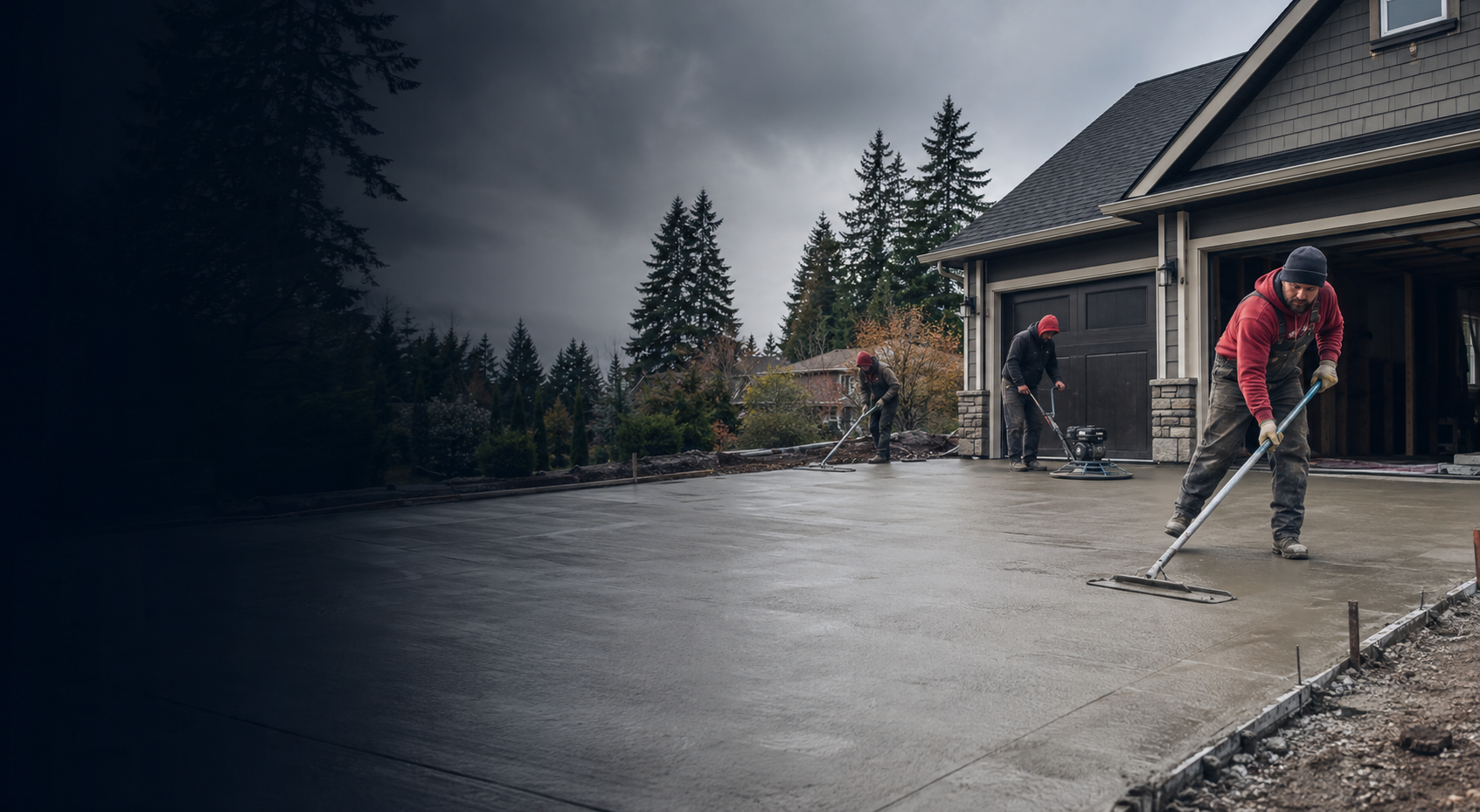 Concrete crew finishing a residential driveway
